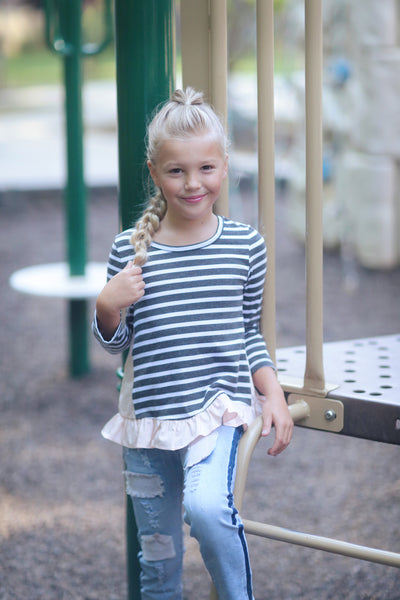 Ruffle Trimmed Striped Long Sleeve Shirt