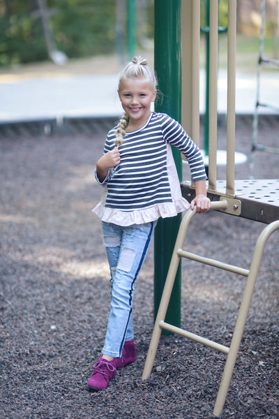 Ruffle Trimmed Striped Long Sleeve Shirt