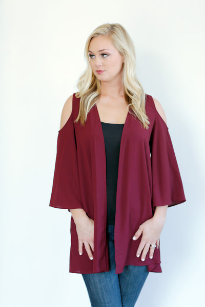 Cold shoulder solid woven kimono- Maroon