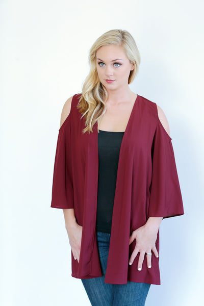 Cold shoulder solid woven kimono- Maroon