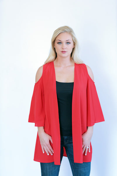 Cold shoulder solid woven kimono- Red