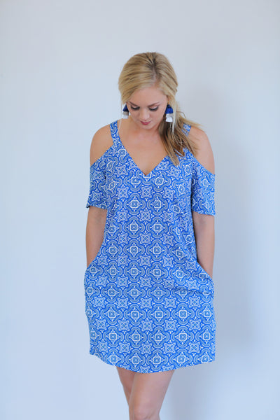 Blue & White Tile Tessa Cut Out Dress