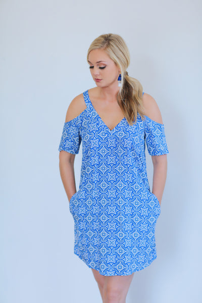 Blue & White Tile Tessa Cut Out Dress