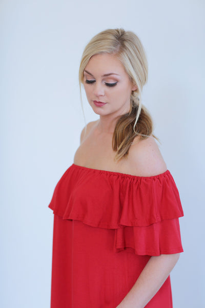 Double Ruffle Off Shoulder Shift Dress