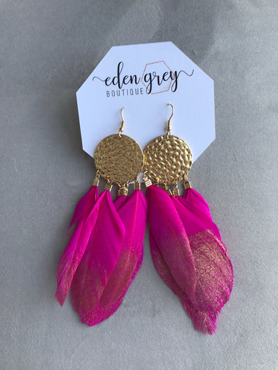 Gold & Magenta Feather Earrings