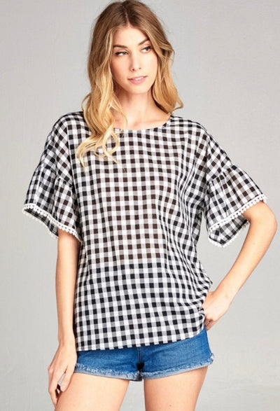 Gingham Pom Ruffle Sleeve Top