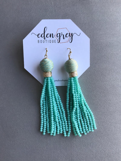 Mint Beaded Tassel Earrings