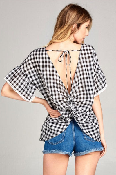 Gingham Pom Ruffle Sleeve Top