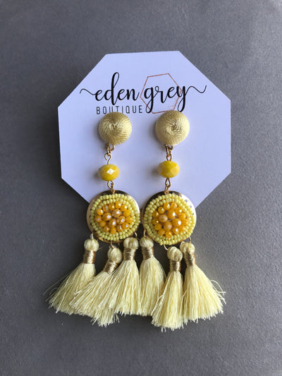 Beaded Tassel Drop Earrings- Yellow